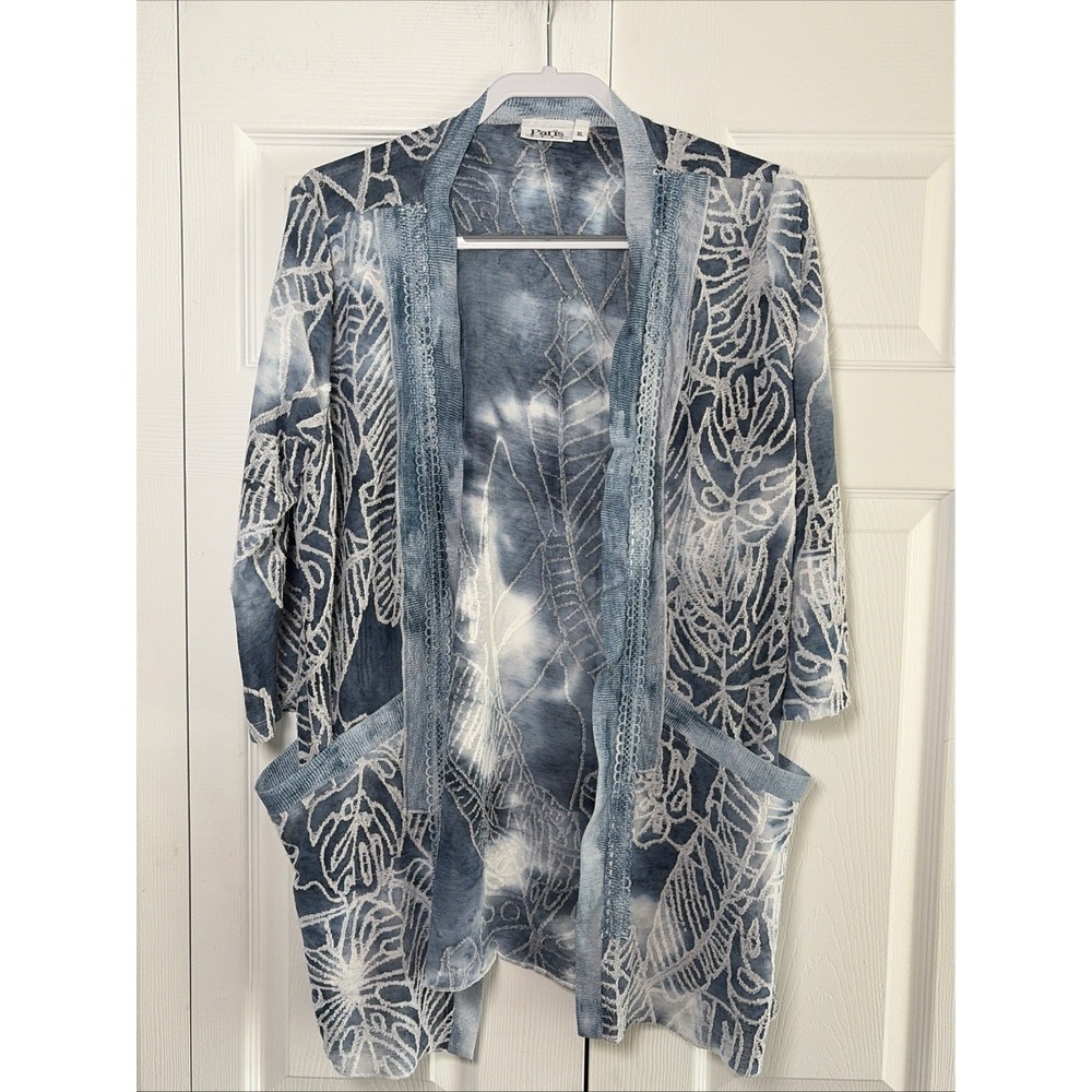 Paris Hues Burnout Tie Dye Cardigan Womens Size XL Blue Tropical Artsy Pockets